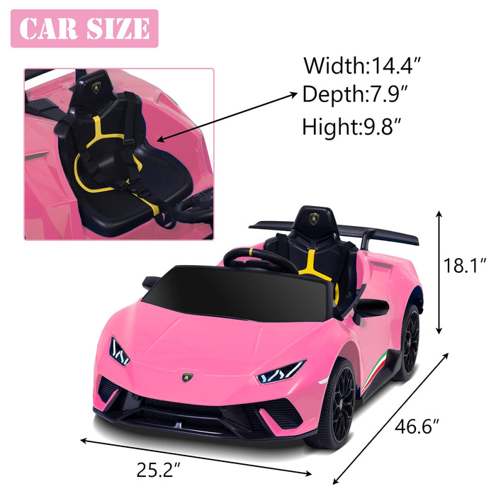 Ride on Lamborghini Car for Kids, 12 V Electric Car Vehicles Toys for Kids Toddler with Remote Control, Wheels Suspension,Music, LED Lights, Engine Sounds, Horn, Pink