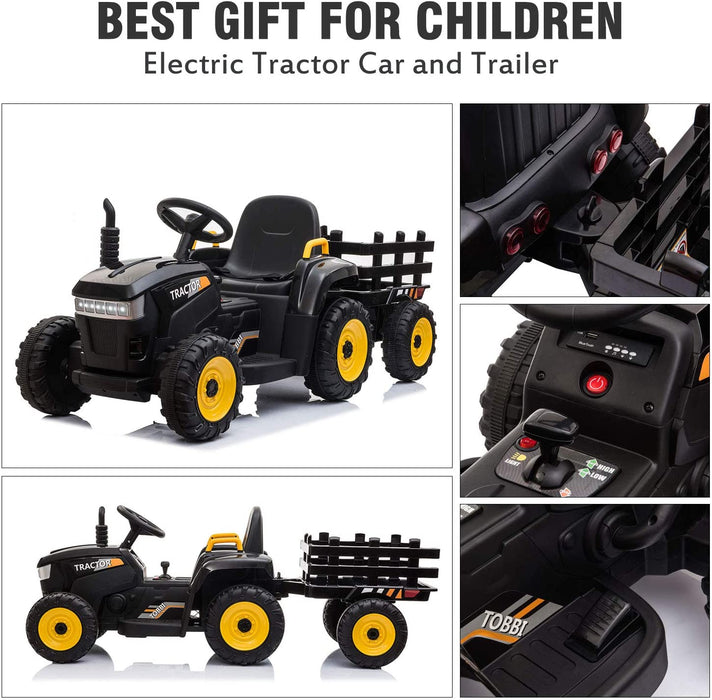 12v Battery-Powered Toy Tractor with Trailer Black | outtoy.