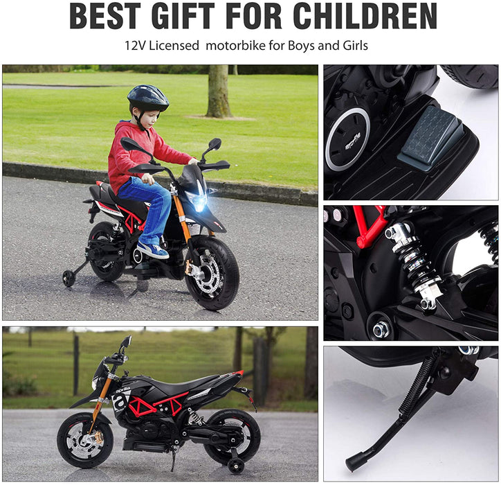 12V Kids Ride-On Motorcycle Aprilia Licensed Battery Powered Dirt Bikes Black | outtoy.