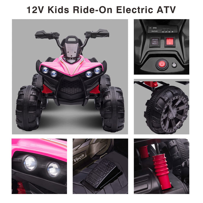 Kids ATV 4 Wheeler for Big Boys Girls,Large Electric Four Wheeler Quad Car for Kids 8-14, w/Wide Seat, Safety Belt, LED Lights, Horn, 3 Speeds, USB/ MP3, Pink