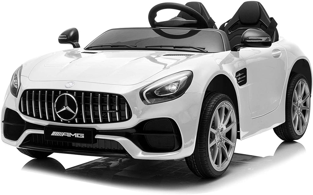 12V Ride On Car for Kids Licensed Mercedes Benz GT R Motorized Electric Vehicle for Children with Remote Control MP3 and LED Lightings White Sj