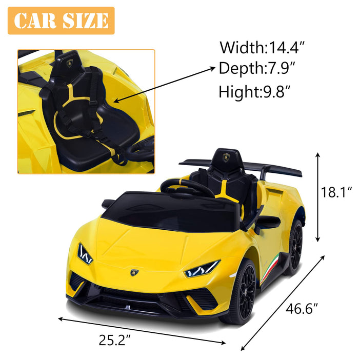 Ride on Lamborghini Car for Kids, 12 V Electric Car Vehicles Toys for Kids Toddler with Remote Control, Wheels Suspension,Music, LED Lights, Engine Sounds, Horn, Yellow